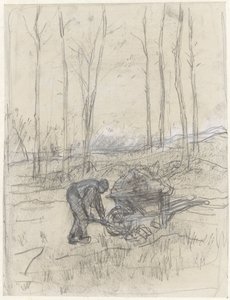 Agricultor no trabalho com um carrinho de mão na floresta de Anton Mauve