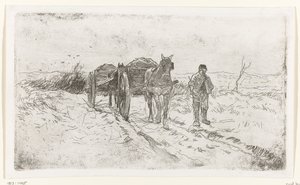 Agricultor ao lado de duas carroças puxadas por cavalos de Anton Mauve
