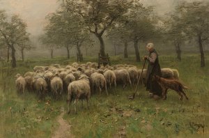 Pastora com um rebanho de ovelhas. Por volta de 1870-88