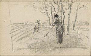 Homem de pé com um pau e um animal num campo lavrado de Anton Mauve