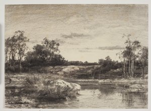 Paisagem com um rio ou lago em primeiro plano de Anton Melbye