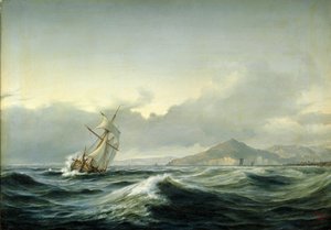 Paisagem marítima com um barco à vela num mar agitado. Ao fundo, uma costa rochosa de Anton Melbye