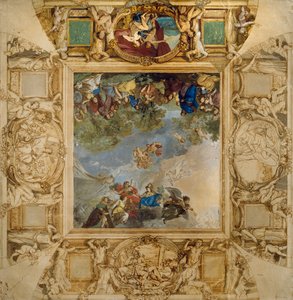 Apolo e Athena recompensando Talentos e Minerva ladeados por caryatids e medalhões representando Marte, Vénus, Hércules e Cibele, de Anton Raphael Mengs de Anton Raphael Mengs