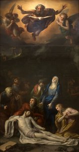 A Descida da Cruz - Entre os personagens representados ao redor do corpo de Jesus Cristo: São José de Arimatéia, São Nicodeme, Santa Maria Madalena, a Virgem Maria e São João Evangelista - Representação da Santíssima Trindade (Deus, Jesus Cristo de Anton Raphael Mengs