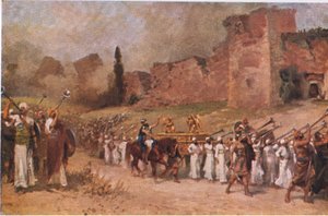 O muro de Jericó caiu, da História da Bíblia de Hulbert publicada por The John Winston Company, 1932