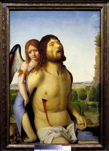 O Cristo Morto Apoiado por um Anjo Pintura de Antonello da Messina (1430-1479) 1476-1479 Sol. 0,74x0,51 m Madrid, Museu do Prado - O Cristo morto sustentado por um anjo. Pintura de Antonello da Messina (1430-1479)