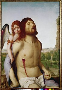 O Cristo morto apoiado por um anjo. (óleo sobre painel de Antonello da Messina