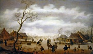 Uma Cena de Inverno com Skaters (óleo sobre painel) de Antoni  Verstralen