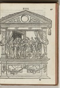 Terceiro conjunto de palco decorado: o príncipe liberta as virtudes do cativeiro, 1577