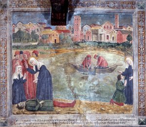 Vida de Santa Francesca Romana : Um homem é ressuscitado pelo santo depois de ser afogado no Tibre (Fresco de Antoniazzo Romano