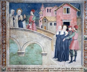 Vida de Santa Francesca Romana: No seu regresso de São João de Latrão, a santa cura um homem com um braço cortado (Fresco de Antoniazzo Romano
