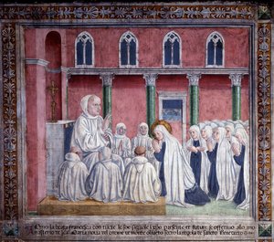 Vida de Santa Francisca Romana : A santa e os oblatos se oferecem à ordem beneditina e se estabelecem na igreja de Santa Maria Nova, Roma (Fresco