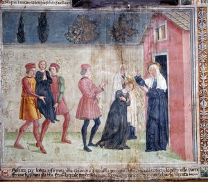 Vida de Santa Francisca Romana : A santa conhece uma mulher paralítica chamada Jacobella e promete curá-la (Fresco de Antoniazzo Romano