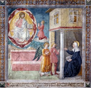 Vida de Santa Francisca Romana : O filho da santa, morto pela peste bubônica, aparece a ela com um anjo (Fresco de Antoniazzo Romano