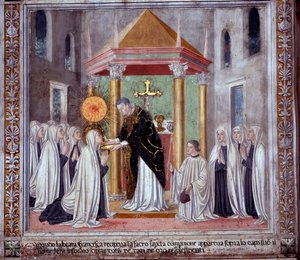 Vida de Santa Francisca Romana :Quando a santa recebia a Comunhão, uma esfera brilhante aparecia por cima dela (Fresco