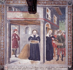 Vida de Santa Francisca Romana : durante uma grave fome em 1402, Francesca dá todo o seu grão aos pobres (Fresco de Antoniazzo Romano