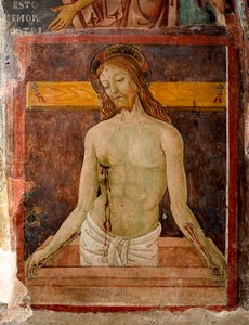 Pieta A auréola de Jesus Cristo é marcada com uma cruz. Detalhe de um fresco de Antonio Aquili detto Antoniazzo Romano (activo por volta de 1461-1508) Mosteiro de São Benoit (Sacro Speco) do século XV, Subiaco (Roma), Itália