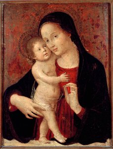 Pintura virgem e infantil sobre madeira por Antonio Aquili dit Antoniazzo Romano (activo por volta de 1461-1508) Sol. 46x37 Genes, Galleria di Palazzo Bianco de Antoniazzo Romano