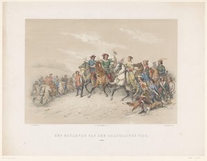 Máscara de Utrecht de 1851: vida na corte em 1296 A vida da corte da idade do conde. 1296 (título no objeto) A História Nacional. desde os primeiros tempos até o final do século XVII, em oito cenas, apresentadas em figurino por H.H. Dtudente de Antonie Johannes Groeneveldt