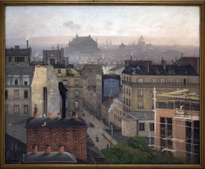 Paris vista de Montmartre. Na parede de um dos edifícios, um anúncio do "The Little Newspaper". Pintura de Antonin Chitussi (Chittussi) (1847-1891), óleo sobre tela de Antonin Chittussi