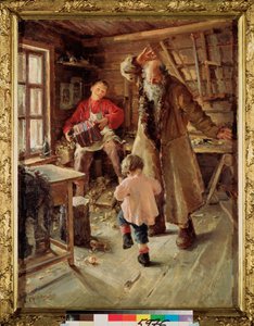A Merry Moment (Na oficina de um carpinteiro, um menino toca acordeão para fazer uma menina e um velho dançar) - A Merry Moment - Pintura de Antonina Leonardovna Rzhevskaya (1861-1934), óleo sobre tela de Antonina Leonardov Rzhevskaya