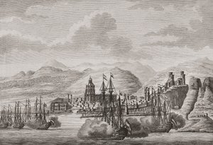 Frota holandesa ao largo de Málaga, Espanha, 1784, a disparar uma salva de tiros. (imprimir) de Antonio (after) Suntach