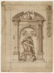 Projeto para uma bandeira processional com uma Pietà sob uma elaborada arquitetura de altar na forma de um arco triunfal e parte do desenho da borda no canto superior direito