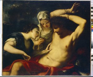 São Sebastião (mártir no início do século IV), Santa Irene (de Roma, martirizada em 304) e Santa Lúcia (de Siracusa, martirizada em 303 ou 310) (Os Santos Sebastião, Irene e Lúcia) - Pintura de Antonio Balestra (1666-1740), óleo sobre tela - Arte Italiana 
