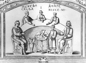 Cena de banquete de um afresco catacumba cristã em Roma, ilustração de &39;Roma Sotterranea&39; por Antonio Bossi, publicado em Roma em 1632 (gravura em madeira) de Antonio Bosio