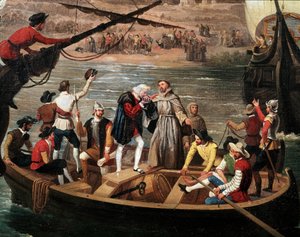 Partida de Santa Maria, Pinta e Nina de Palos em 1492 - Partida das três caravelas de Cristóvão Colombo (1451-1506) de Palos em 03/08/1492, detalhe. Pintura de Antonio Cabral y Bejarano (1798-1861). Palos de la Frontera. Rabida