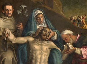 Transept Norte, Altar da Deposição, Deposição de Cristo apoiado pela Virgem e Santos Raymond e Anthony de Pádua, Antonio Campi 1566, Detalhe Altarpiece