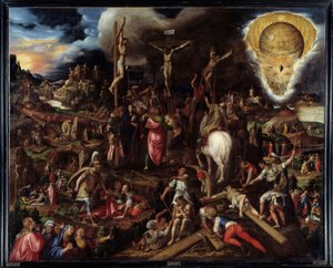 Cenas de paixão: oração no jardim das oliveiras, traição de Judas, prisão de Cristo, Cristo desprezado, ascensão ao Calvário (Via Sacra), crucificação, ressurreição... Pintura de Antonio Campi (1526-1587) Ec. Ital