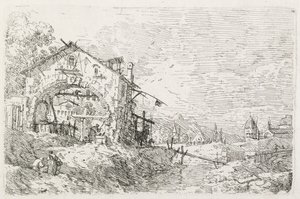 Exibições: Uma mulher desenhando água sob um arco, 1735-1746. de Giovanni Antonio Canal