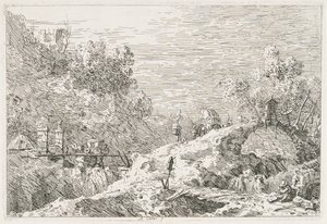 Vistas: Paisagem montanhosa com cinco pontes de Antonio Canaletto