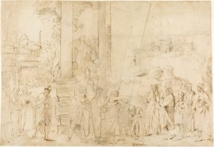 São Paulo Batizando Dionísio o Areopagita (reto); Esboços de bebê, mãos (verso) de Antonio Carracci