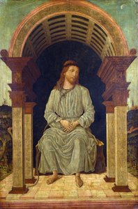 "Figura Mística de Cristo" Jesus sentado com uma corda ao pescoço associada ao escárnio de Cristo - Pintura atribuída a Antonio Cicognara (activo c. 1480 - 1500) Galeria Nacional de Londres