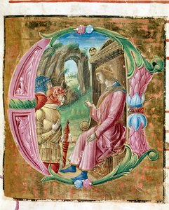 Herodes I o Grande (73-4 AC) ordenando o massacre da inocente Lettrina iluminada por Antonio Cicognari. Detalhe de um anti-fonário. 1483. Cremone, coral 4, capitolo del duomo