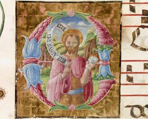São João Batista Lettrina, iluminado por Antonio Cicognari. Detalhe de um anti-fonário. 1483. Cremone, coral 4, capitolo del duomo de Antonio Cicognara