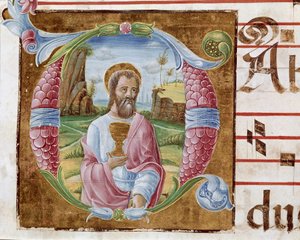 São João Evangelista Lettrina, iluminado por Antonio Cicognari. Detalhe de um anti-fonário. 1483. Cremone, coral 4, capitolo del duomo