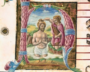 O batismo do Cristo Lettrino iluminado por Antonio Cicognari. Detalhe de um anti-fonário. 1483. Cremone, coral 4, capitolo del duomo