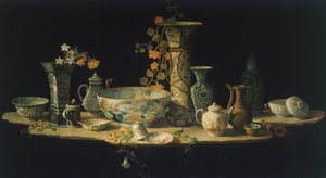 Pintura preparatória para uma mesa de pedra dura com vasos de porcelana, ca. 1875, de Antonio Cioci (entre 1722 e 1792), óleo sobre tela.