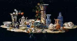 Tampo com vasos de porcelana, ca. 1797, mosaico de pedra semi-preciosa sobre mármore, criado nas oficinas Grand Ducal em Florença a partir de modelo de Antonio Cioci (activo na segunda metade do século XVIII), Itália, cultura italiana