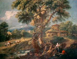 Paisagem de montanha com pessoas e um rio, de Antonio Diziani (1738-1797), óleo sobre tela, 55x72 cm