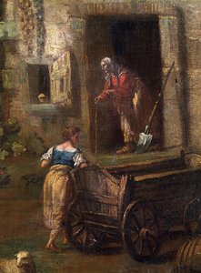 ""Paisagem da Itália"" (Paisagem italiana) Uma casa de fazenda no interior da Itália, detalhe representando uma velha camponesa. Pintura de Antonio Diziani (1737-1797) Museu de Belas Artes Mikalojus Konstantinas Ciurlionis do século XVIII, Kaunas, Lituânia