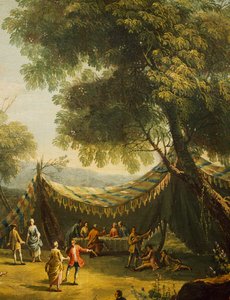 Tenda no campo com música ao vivo, detalhe da Primavera, de Antonio Diziani (1737-1797), óleo sobre tela, 74x92 cm, Itália