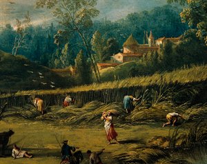 A colheita, detalhe de O Verão, de Antonio Diziani (1737-1797), pintura.