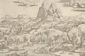 Paisagem do quadro de Vênus Empurrando Cupido, 1540-45. de Antonio Fantuzzi