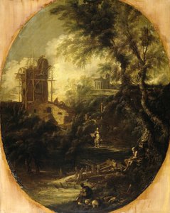 Paisagem com eremita, peregrina e camponesa de Antonio Francesco Peruzzini (attributed to)