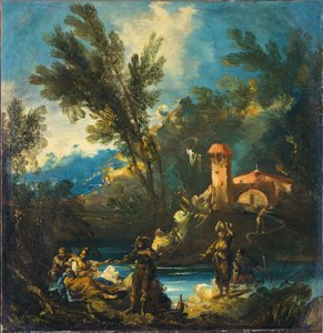 Uma paisagem fluvial arborizada com figuras de Antonio Francesco Peruzzini