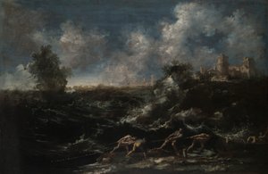 Seascape com pescador puxando redes de Antonio Francesco Peruzzini